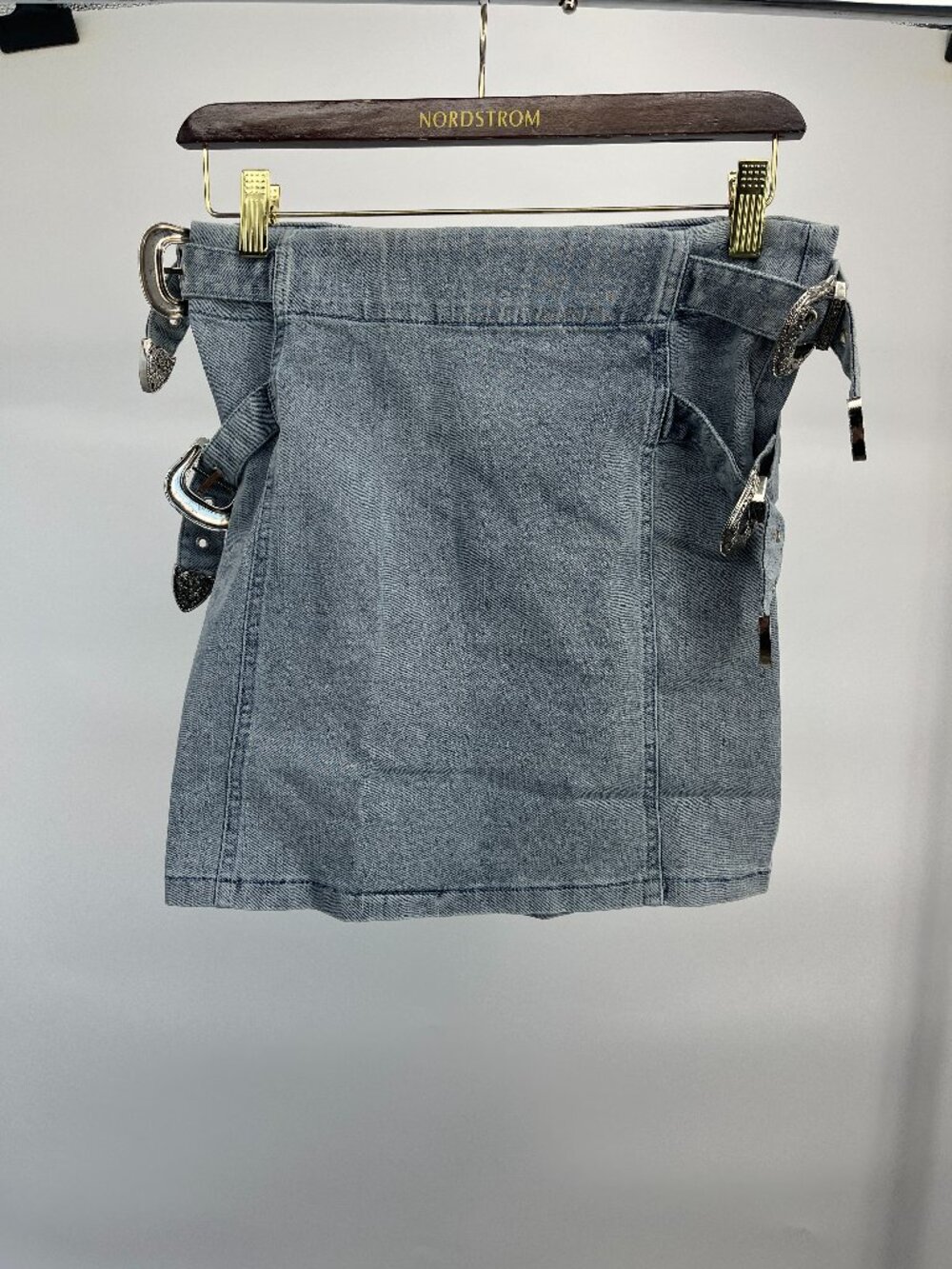 Women's Skirt- Cloud Ten by Dressed in LALA Mini Jean Skirt with Belt Buckles
